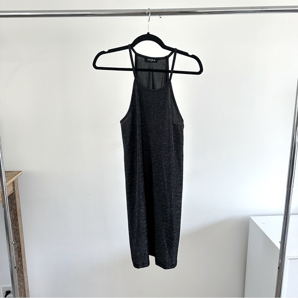 Metallic Silver Sparkle Black Mini Babydoll Dress Storia Size Medium - Picture 8 of 14